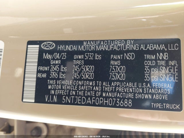 2023 Hyundai Santa Cruz Limited მანქანა იყიდება აუქციონზე, vin: 5NTJEDAF0PH073688, აუქციონის ნომერი: 46126383