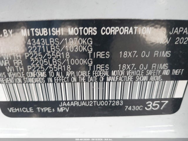 46126389 :رقم المزاد ، JA4ARUAU2TU007283 vin ، 2026 Mitsubishi Outlander Sport 2.0 Es/2.0 Se/2.0 Trail Edition/le/ralliart/s مزاد بيع