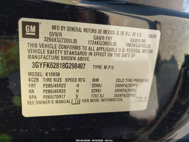 Aukcja sprzedaży 2008 Cadillac Escalade Ext Standard, vin: 3GYFK62818G298487, numer aukcji: 46126396