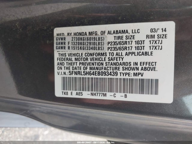 Honda Odyssey Ex-l 2014 5FNRL5H64EB093439 Image 6