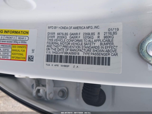 Aukcja sprzedaży 2019 Honda Accord Sport, vin: 1HGCV1F38KA050018, numer aukcji: 46126410