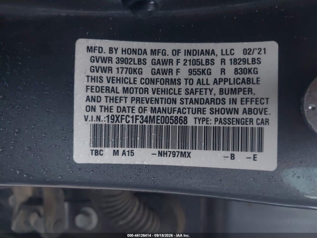 46126414 :رقم المزاد ، 19XFC1F34ME005868 vin ، 2021 Honda Civic Ex مزاد بيع