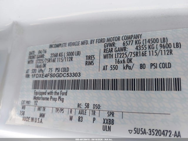 Aukcja sprzedaży 2016 Ford E-450 Cutaway, vin: 1FDXE4FS0GDC53303, numer aukcji: 46126415