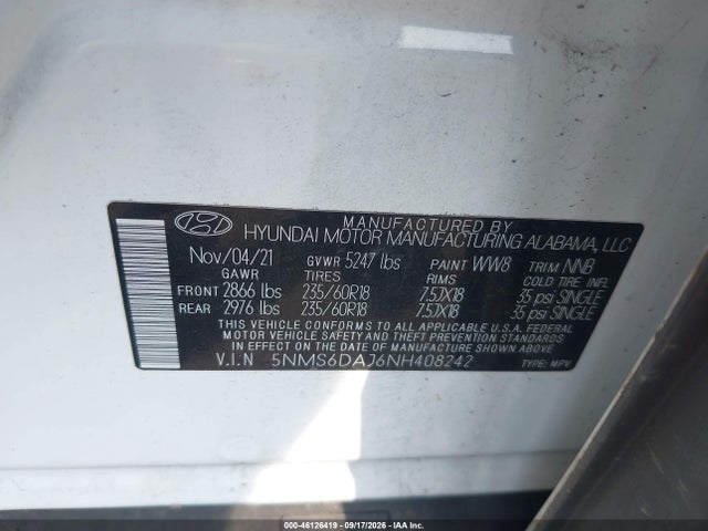 46126419 :رقم المزاد ، 5NMS6DAJ6NH408242 vin ، 2022 Hyundai Santa Fe Xrt مزاد بيع