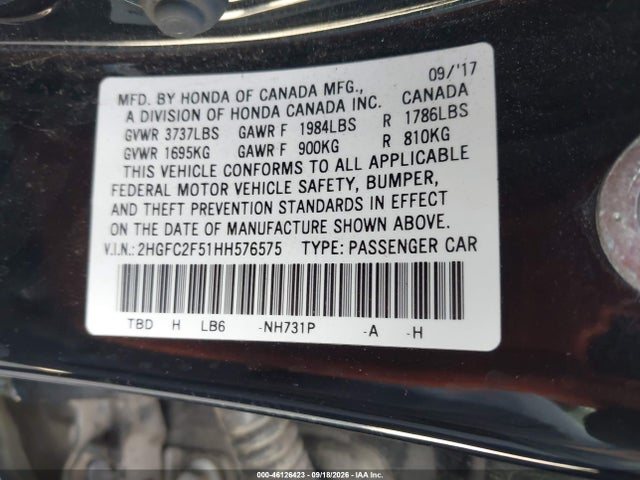 Aukcja sprzedaży 2017 Honda Civic Lx, vin: 2HGFC2F51HH576575, numer aukcji: 46126423