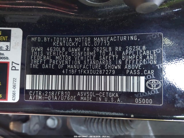 Aukcja sprzedaży 2013 Toyota Camry Xle, vin: 4T1BF1FKXDU287279, numer aukcji: 46126447