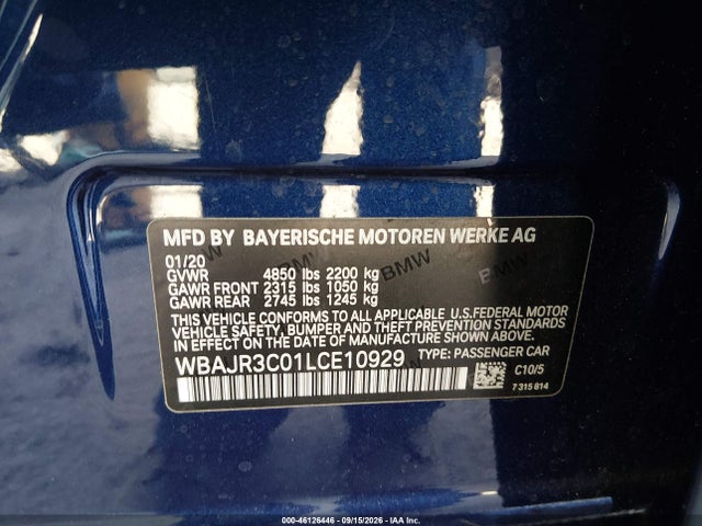 Aukcja sprzedaży 2020 Bmw 530i, vin: WBAJR3C01LCE10929, numer aukcji: 46126446