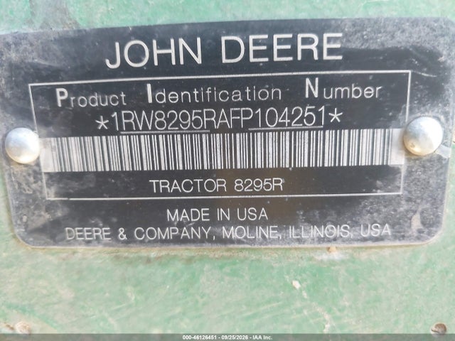 46126451 :رقم المزاد ، 1RW8295RAFP104251 vin ، 2015 John Deere 8295r Tractor مزاد بيع