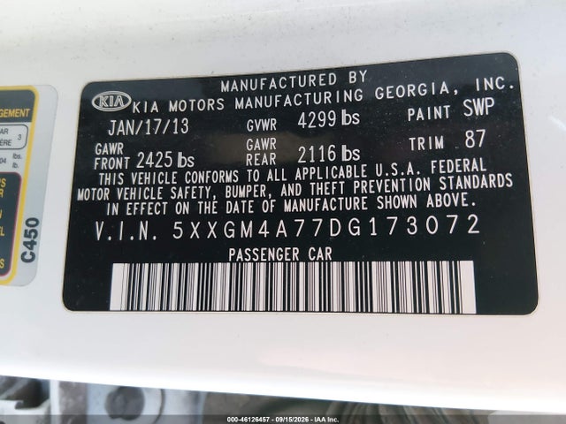 46126457 :رقم المزاد ، 5XXGM4A77DG173072 vin ، 2013 Kia Optima Lx مزاد بيع