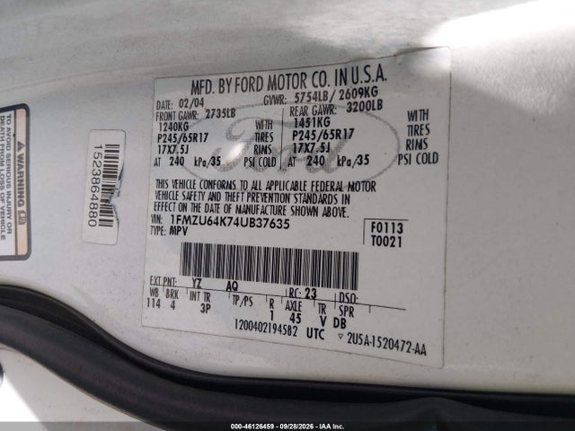 2004 Ford Explorer Eddie Bauer მანქანა იყიდება აუქციონზე, vin: 1FMZU64K74UB37635, აუქციონის ნომერი: 46126459
