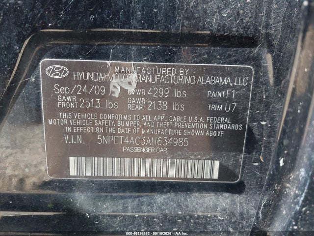 Aukcja sprzedaży 2010 Hyundai Sonata Gls, vin: 5NPET4AC3AH634985, numer aukcji: 46126462
