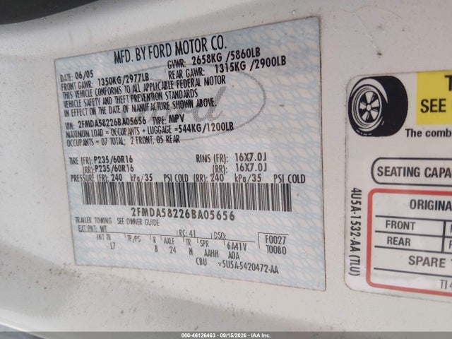2006 Ford Freestar Limited მანქანა იყიდება აუქციონზე, vin: 2FMDA58226BA05656, აუქციონის ნომერი: 46126463