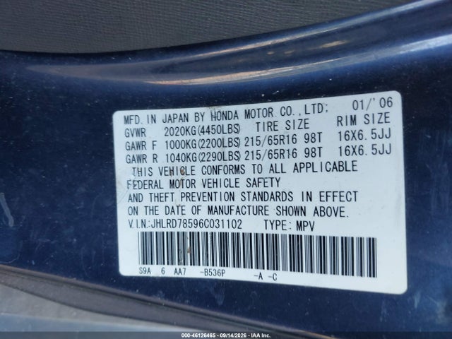 Aukcja sprzedaży 2006 Honda Cr-v Lx, vin: JHLRD78596C031102, numer aukcji: 46126465