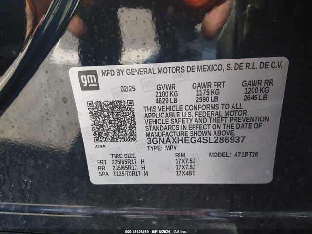 46126469 :رقم المزاد ، 3GNAXHEG4SL286937 vin ، 2025 Chevrolet Equinox Fwd Lt مزاد بيع