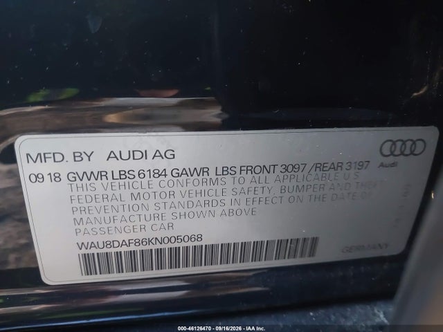 Aukcja sprzedaży 2019 Audi A8 L 55, vin: WAU8DAF86KN005068, numer aukcji: 46126470