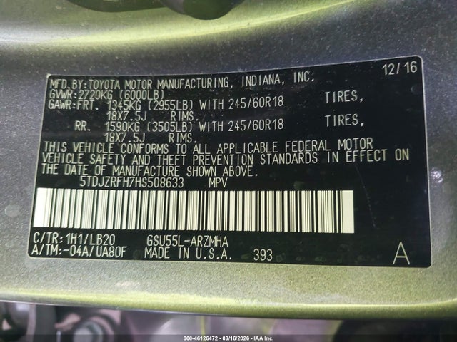 Toyota Highlander Xle 2017 5TDJZRFH7HS508633 Image 9