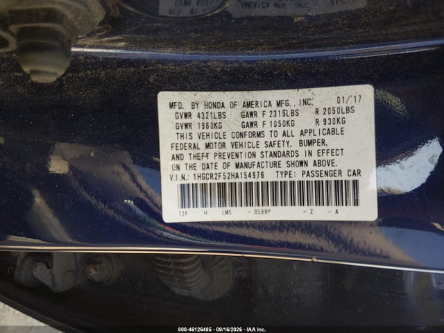 2017 Honda Accord Sport მანქანა იყიდება აუქციონზე, vin: 1HGCR2F52HA154976, აუქციონის ნომერი: 46126485