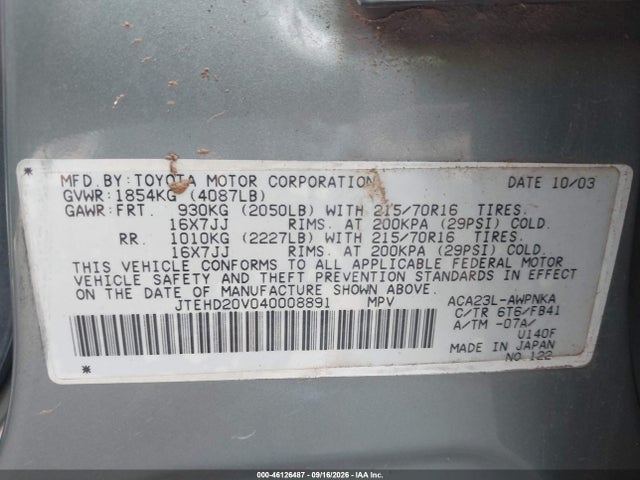 Aukcja sprzedaży 2004 Toyota Rav4, vin: JTEHD20V040008891, numer aukcji: 46126487