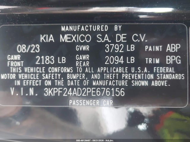 2023 Kia Forte Lxs მანქანა იყიდება აუქციონზე, vin: 3KPF24AD2PE676156, აუქციონის ნომერი: 46126497