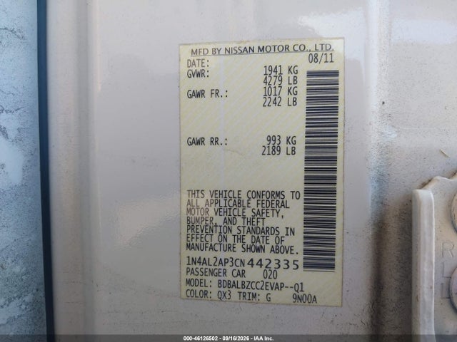 46126502 :رقم المزاد ، 1N4AL2AP3CN442335 vin ، 2012 Nissan Altima 2.5 S مزاد بيع
