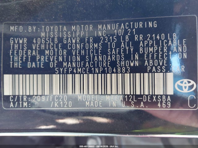 Продаж на аукціоні авто 2022 Toyota Corolla Se, vin: 5YFP4MCE1NP104883, номер лоту: 46126503