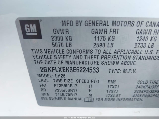 Aukcja sprzedaży 2014 Gmc Terrain Slt-1, vin: 2GKFLXEK3E6224533, numer aukcji: 46126508