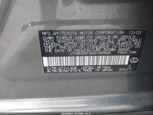 Aukcja sprzedaży 2004 Lexus Ls 430, vin: JTHBN36F440144968, numer aukcji: 46126518