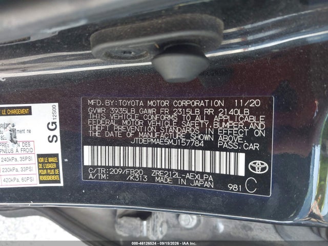 46126524 :رقم المزاد ، JTDEPMAE5MJ157784 vin ، 2021 Toyota Corolla Le مزاد بيع