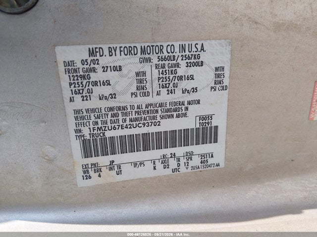 2002 Ford Explorer Sport Trac მანქანა იყიდება აუქციონზე, vin: 1FMZU67E42UC93702, აუქციონის ნომერი: 46126526