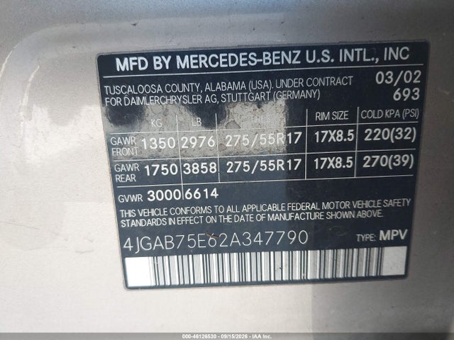 Продажа на аукционе авто 2002 Mercedes-benz Ml 500, vin: 4JGAB75E62A347790, номер лота: 46126530