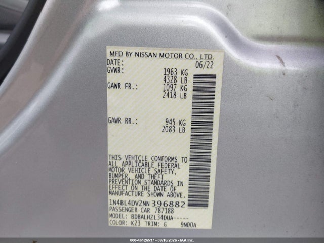 Продаж на аукціоні авто 2022 Nissan Altima Sv Fwd, vin: 1N4BL4DV2NN396882, номер лоту: 46126537