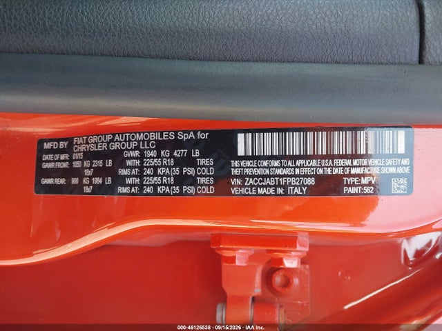 Продаж на аукціоні авто 2015 Jeep Renegade Latitude, vin: ZACCJABT1FPB27088, номер лоту: 46126538