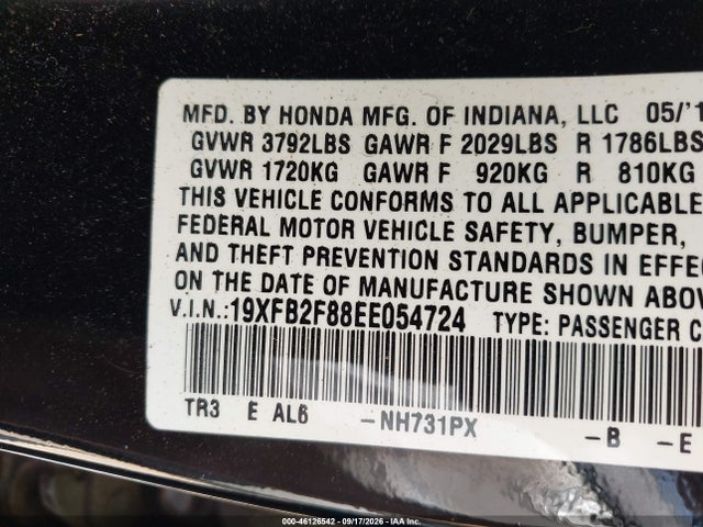 2014 Honda Civic Ex მანქანა იყიდება აუქციონზე, vin: 19XFB2F88EE054724, აუქციონის ნომერი: 46126542
