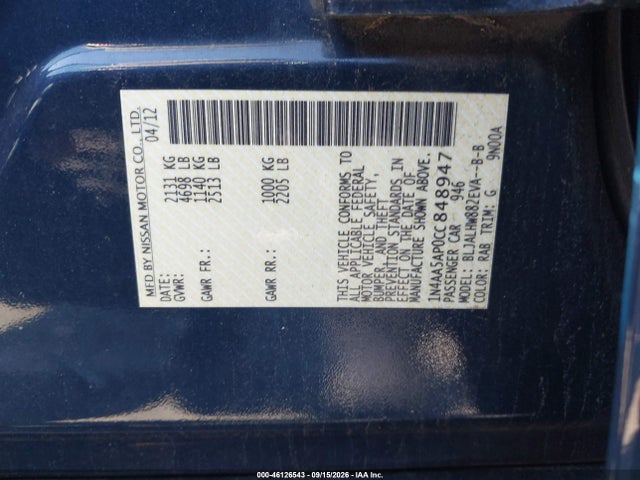 Продаж на аукціоні авто 2012 Nissan Maxima 3.5 Sv, vin: 1N4AA5AP0CC848947, номер лоту: 46126543