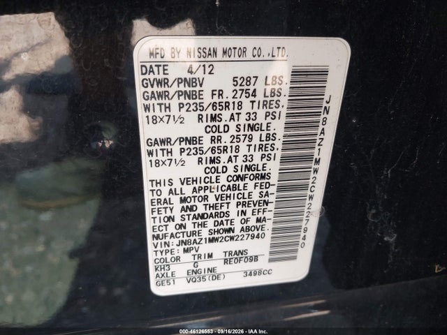 2012 Nissan Murano Sl მანქანა იყიდება აუქციონზე, vin: JN8AZ1MW2CW227940, აუქციონის ნომერი: 46126553