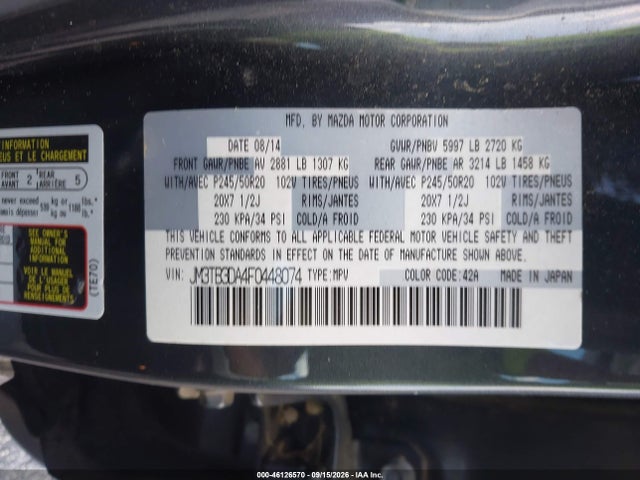 Aukcja sprzedaży 2015 Mazda Cx-9 Grand Touring, vin: JM3TB3DA4F0448074, numer aukcji: 46126570