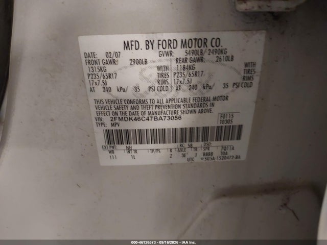 46126573 :رقم المزاد ، 2FMDK46C47BA73056 vin ، 2007 Ford Edge Se مزاد بيع