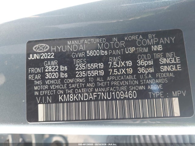 46126589 :رقم المزاد ، KM8KNDAF7NU109460 vin ، 2022 Hyundai Ioniq 5 Sel مزاد بيع