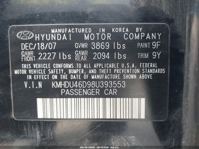 Aukcja sprzedaży 2008 Hyundai Elantra Gls/se, vin: KMHDU46D98U393553, numer aukcji: 46126598