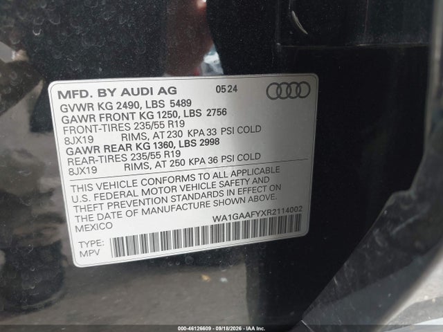 Продажа на аукционе авто 2024 Audi Q5 Premium 45 Tfsi S Line Quattro, vin: WA1GAAFYXR2114002, номер лота: 46126609