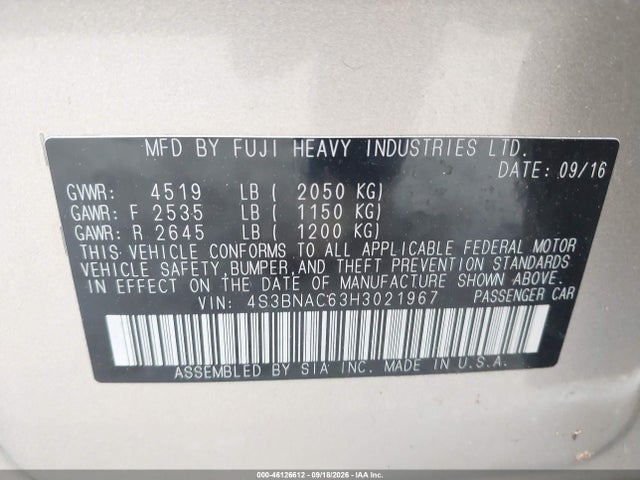 2017 Subaru Legacy 2.5i Premium მანქანა იყიდება აუქციონზე, vin: 4S3BNAC63H3021967, აუქციონის ნომერი: 46126612