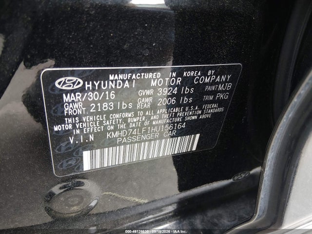 46126630 :رقم المزاد ، KMHD74LF1HU156164 vin ، 2017 Hyundai Elantra Se مزاد بيع