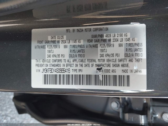 46126633 :رقم المزاد ، JM3KFBDY4S0665416 vin ، 2025 Mazda Cx-5 2.5 Turbo Premium مزاد بيع