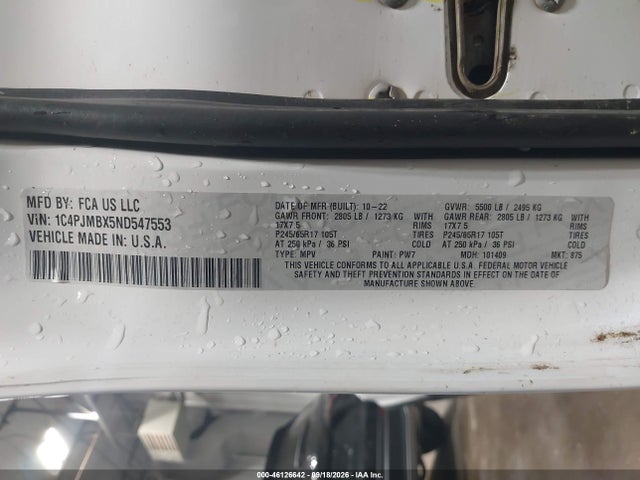 Продаж на аукціоні авто 2022 Jeep Cherokee Trailhawk 4x4, vin: 1C4PJMBX5ND547553, номер лоту: 46126642