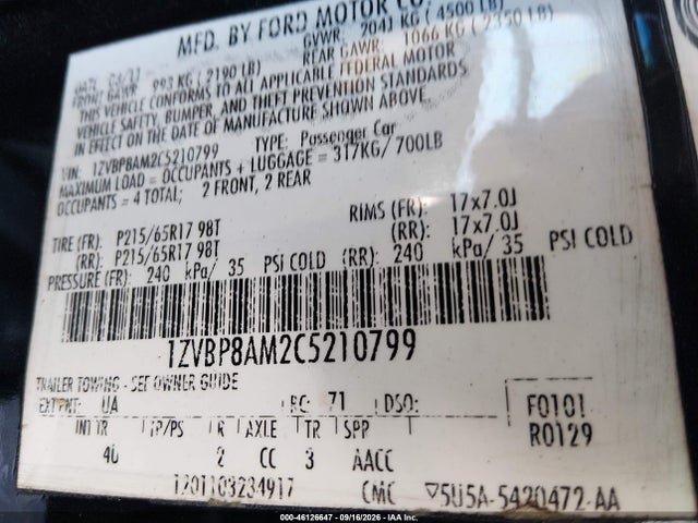 2012 Ford Mustang V6 Premium მანქანა იყიდება აუქციონზე, vin: 1ZVBP8AM2C5210799, აუქციონის ნომერი: 46126647