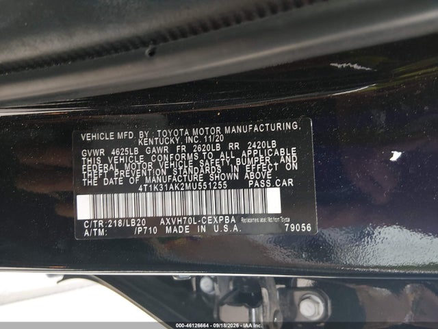 2021 Toyota Camry Xse Hybrid მანქანა იყიდება აუქციონზე, vin: 4T1K31AK2MU551255, აუქციონის ნომერი: 46126664