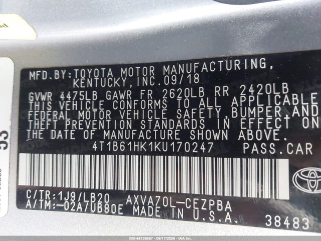 Продаж на аукціоні авто 2019 Toyota Camry Xse, vin: 4T1B61HK1KU170247, номер лоту: 46126667