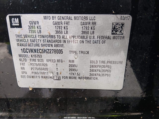 46126668 :رقم المزاد ، 1GCVKNEC6HZ278005 vin ، 2017 Chevrolet Silverado 1500 Wt مزاد بيع