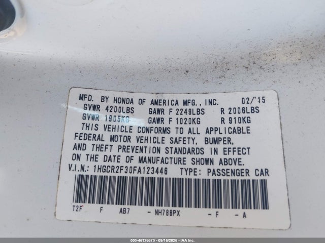 2015 Honda Accord Lx მანქანა იყიდება აუქციონზე, vin: 1HGCR2F30FA123446, აუქციონის ნომერი: 46126670