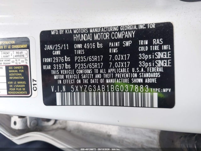 46126672 :رقم المزاد ، 5XYZG3AB1BG037883 vin ، 2011 Hyundai Santa Fe Gls مزاد بيع
